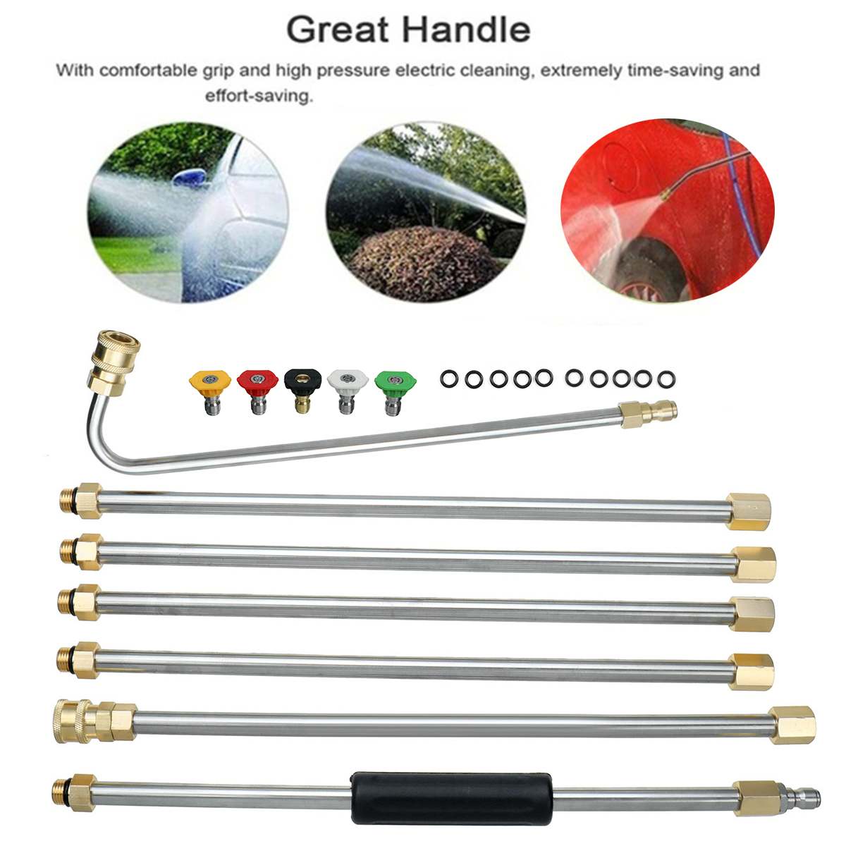 7Pcs 1/4" High Pressure Washer Spray Lance w 5 Nozzles Quick Connect Extension Wand Rod Rotating Turbo Jet Tips Angle Adjustable