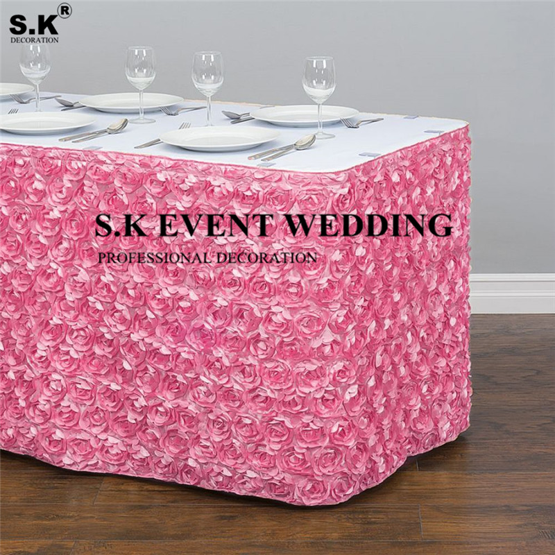 10ft 17ft Satin Rosette Table Skirt Rectangle Tablecloth Skirting For Wedding Banquet Event Christmas Decoration