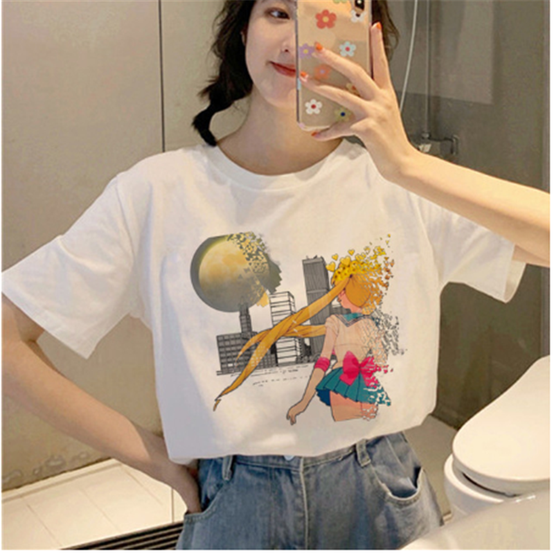 AOWOF Sailor Moon Harajuku Ullzang T-shirt Ladies Korean T-shirt 90s Graphic Cute Aesthetic T-shirt Fun Kawaii Top Tee Girl