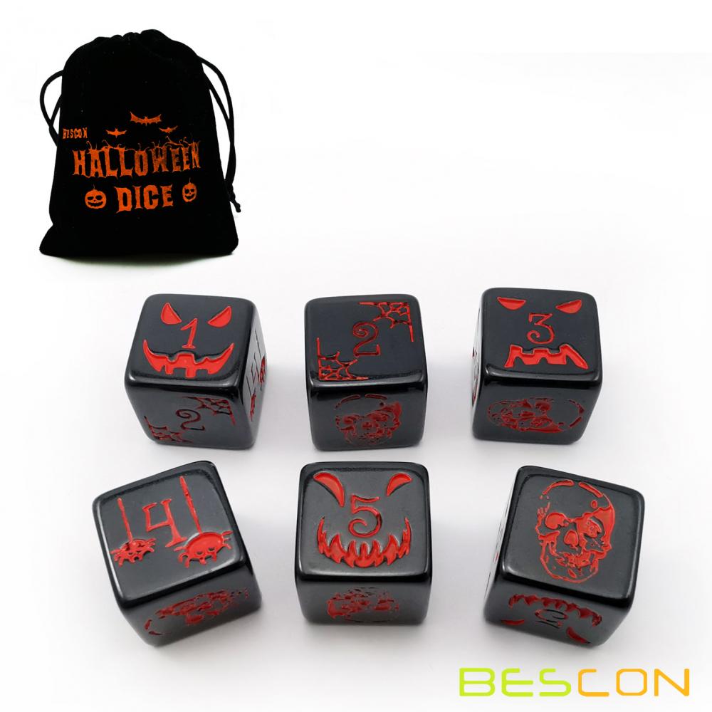 Set of 6 Bescon Halloween Dice 6 Sides in Solid Black, 6 Sided Halloween Dice Set in Velvet Pouch