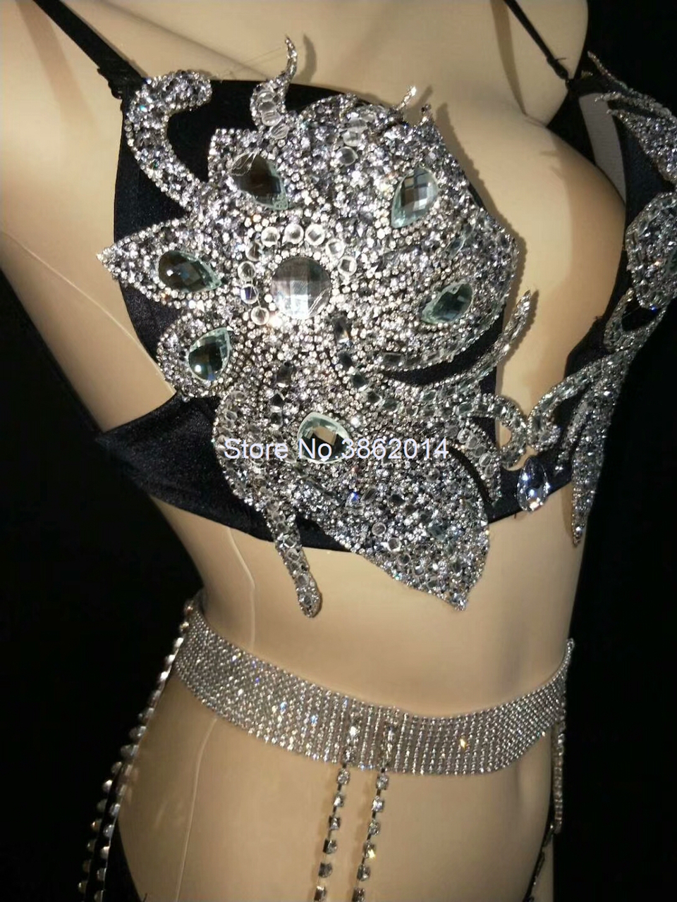 Sparkly Silver Crystals Bikini Set Sexy Bodysuit Women Nightclub Bar Outfit Performance Stage Wear Dance Costume Party Dress