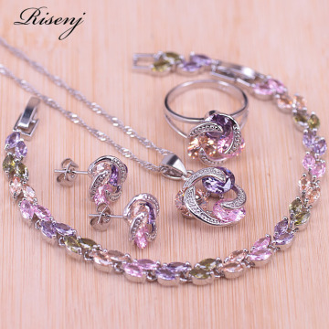 Risenj Big Discount Colorful Lucky Circle Silver Color Jewelry Set For Women Earrings Ring Necklace Set With Pendant In Store