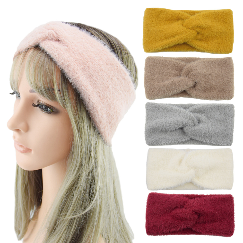 Winter Plush Cross Mink Fur Headbands Turbans For Women Solid Warm Fluffy Bow Knot Hairbands Ear Warmer Ladies Hair Accessories
