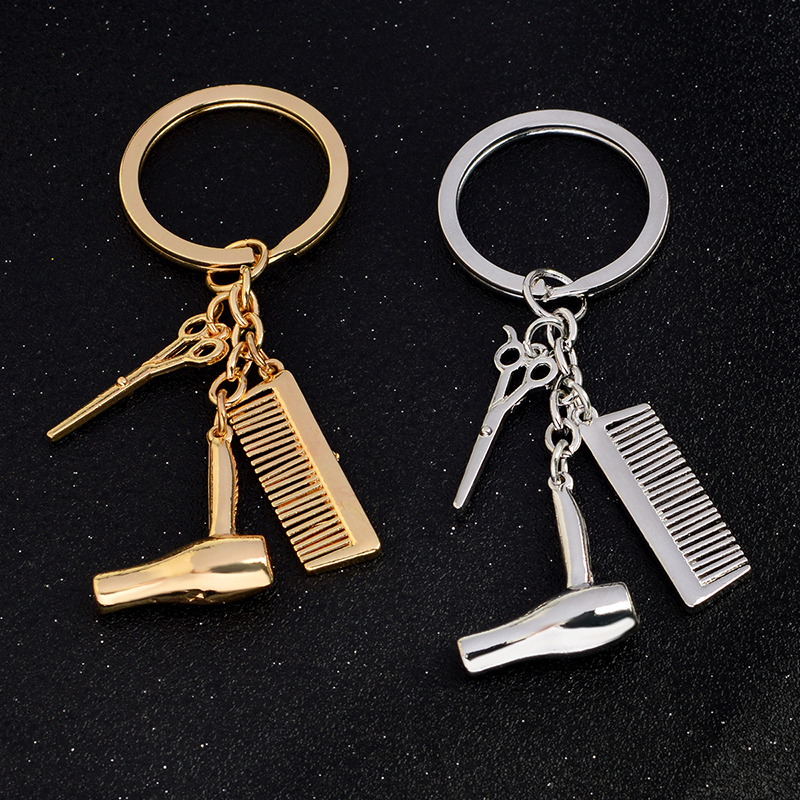 Hair Dryer Comb Scissors Personality Key Chain Gold Silvery Hairdressing Scissors Blowing Tool Pendant Keyring Barber Friend