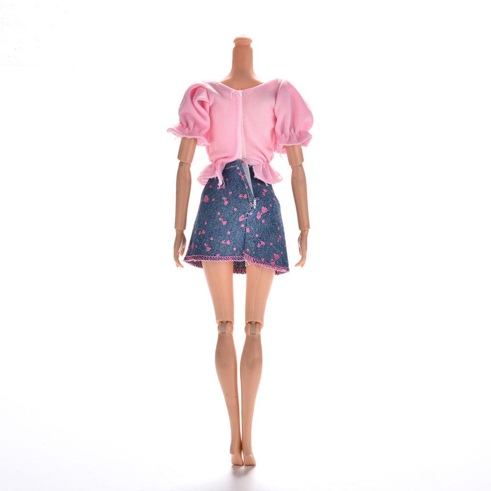 1pc Pink Clothes Sets Summer Short Sleeve Flower Print Doll Dress elegant Skirt For Barbie Doll