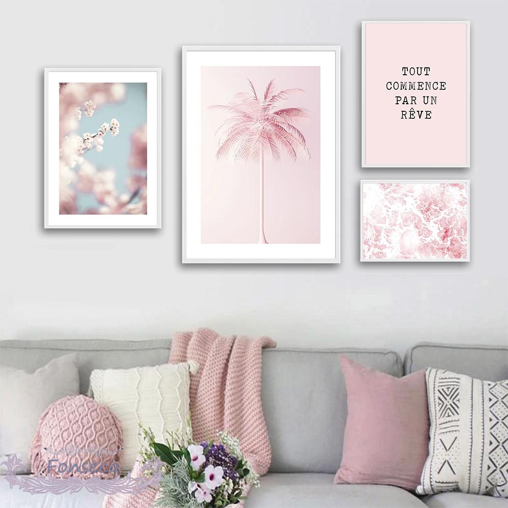 Pink Flower Seascape Canvas Painting Wall Art Print Letter Poster Palm Tree Sea Wave Cherry Blossom Pictures for Living Room