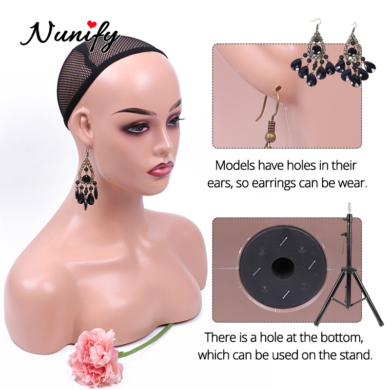 African American Female Mannequin Head Bust Realistic Fashion Mannequin Head Stand With Shoulder Black People Skin Wig Display