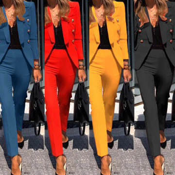 Two-piece Casual Suit Women New Fashion Solid Color Button Long Sleeve Trousers Ladies Autumn Business Suits Ropa De Mujer