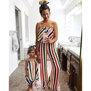 Family Matching Outfits 2019 Summer Striped Mother and Daughter Clothes Mom Off-shoulder Ruffle Long Jumpsuit Kids Girls Dresses