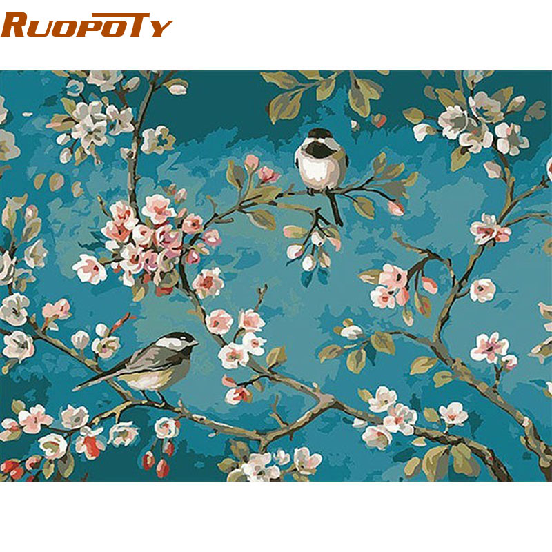 RUOPOTY Birds And Flower DIY Painting By Numbers Kits Drawing On Canvas Home Wall Art Decor Handpainted Painting For Artwork
