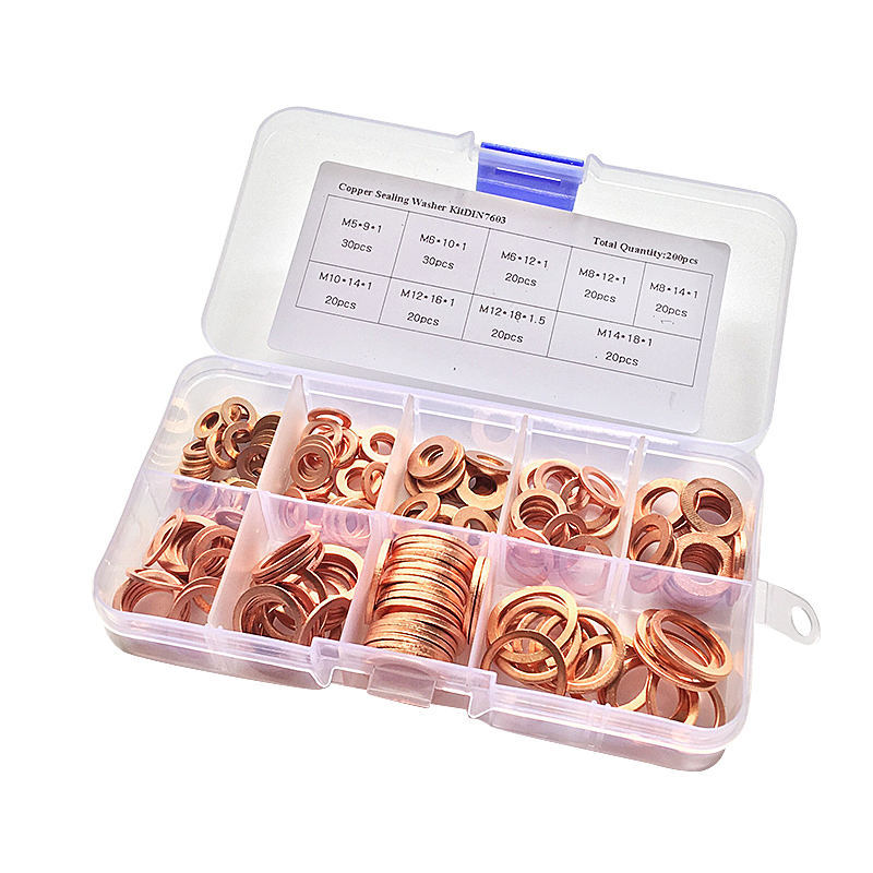 200Pcs/Box Copper Washers Flat Ring Sump Plug Oil Seal Assorted For Set M5-M14 Car Kit Accessories Copper Ring Gasket
