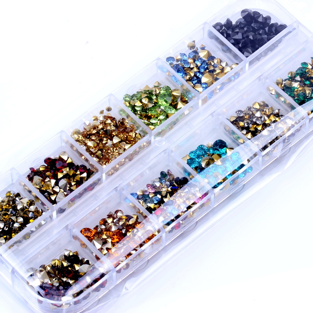 Set of 12 the crystal stone high-quality to gel nail resin in rhinestone with various size color cases Set rhinestone nail parts