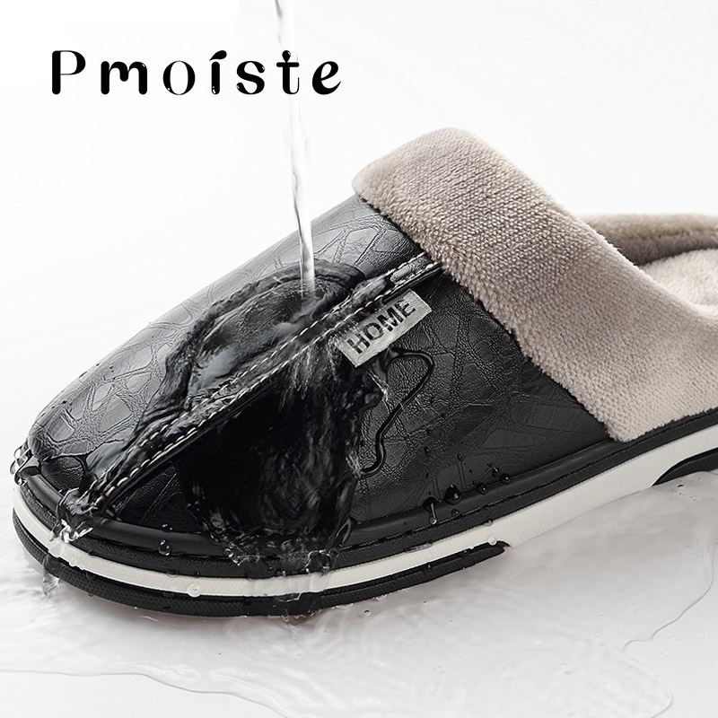 Men slippers leather winter warm house slippers waterproof 2020 anti dirty plush male slippers non-slip plus size 7.5-16
