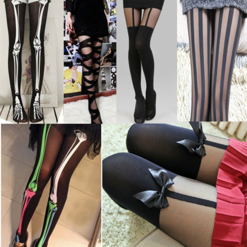 Sexy Fishnet Stockings Women Lace Stay Up Thigh High Nylons Spendex Creative Skeleton Bone Hosiery Pantyhose Bowknot Tights