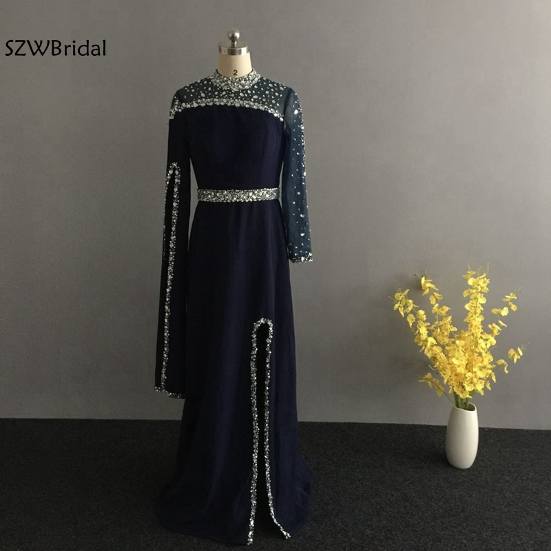 New Arrival High neck Gold Muslim Evening dress 2021 kaftan dubai Long sleeve Long dress Party evening gowns robe de soiree