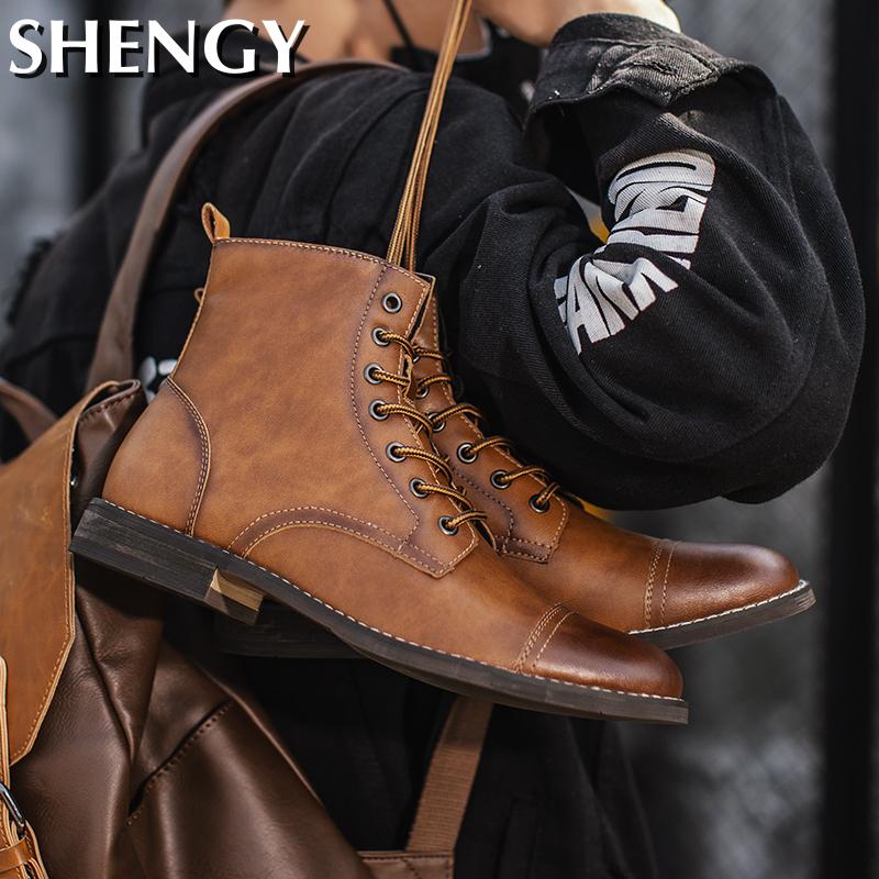 2020 Winter Men's Boots Waterproof Leather Work Boots Warm Plush Snow Boots Outdoor Men's Motorcycle Boots Men Ankle Boots