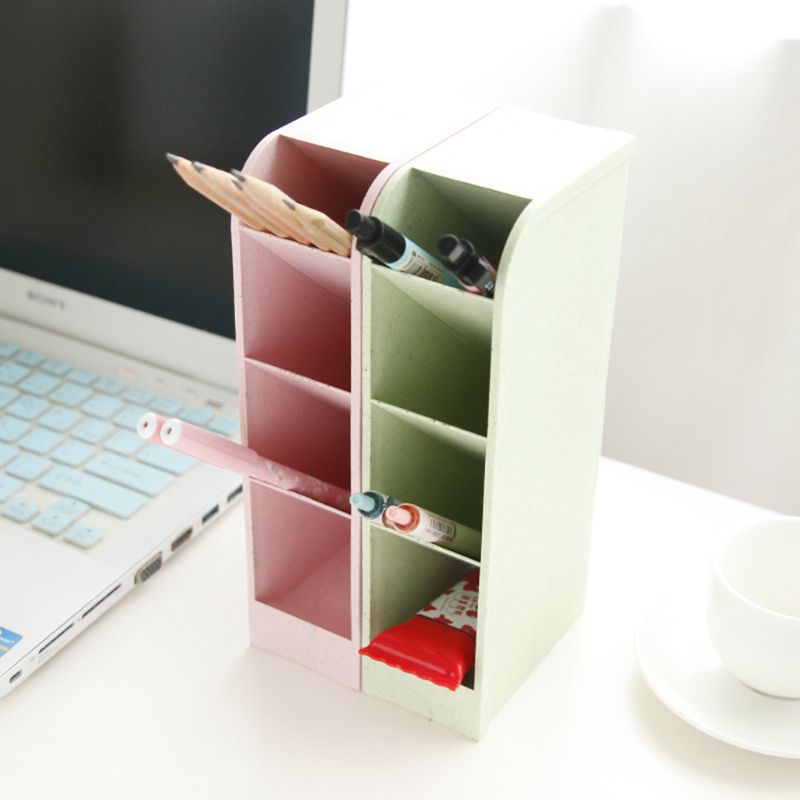 Multi-function 4 Grid Desktop Pen Holder Office School Storage Case Box Wheat Straw Desk Pencil Organizer Stationery