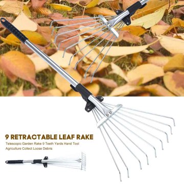 Telescopic Expandable Lawns Leaf Brush Stainless Steel Portable Collect Loose Debris 9 Teeth Garden Rake Lightweight Agriculture