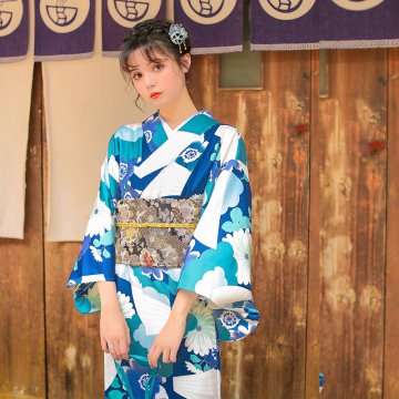 Women's Kimono Robe Traditional Japan Yukata Light Blue Color Floral Prints Summer Dress Performing Wear Cosplay Clothing