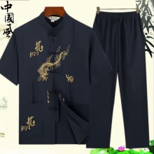 Traditional Chinese Men Embroidery Tang Suit Short Sleeve Taichi Uniform Cotton Dragon Wushu Clothing Loose Male Kung Fu Shirt