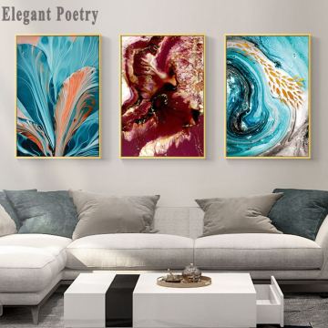 Blue Floral Red Marble Landscape Art Canvas Wall Poster Nordic Abstract Texture Print Painting Decorative Picture Modern