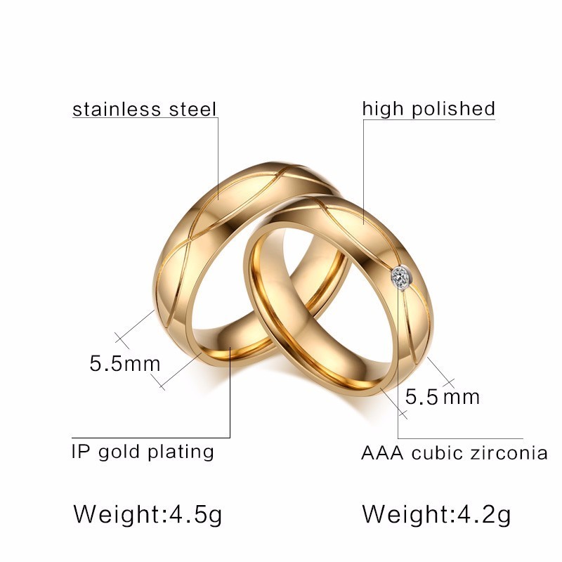 Cubic Zirconia Engraved Wedding-style Band for Couples Ring in Golden Stainless Steel Personalized Custom Engraved Jewelry
