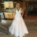 11335 Champagne Wedding Dress with Appliques Custom Made Beaded belt V-Back Floor Length Tulle Bridal Gowns