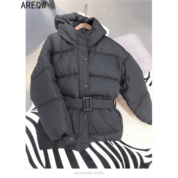 2021 New Women Autumn Winter Jacket With Belt Cotton Parkas Hooded Slim Short Jacket White Red Pink Black