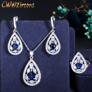 CWWZircons Brand New Fashion Dark Blue Crystal Jewelry Set Tear Drop CZ Huggie Earring Necklace and Ring Sets for Women T286