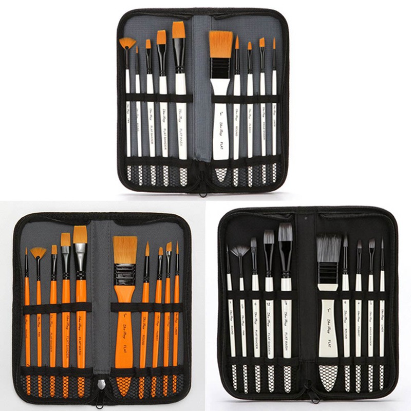 10Pcs/Set Artist Paint Brush Set Nylon Hair Water Color Acrylic Oil Painting Brushes Drawing Art Supplies With Carrying Case