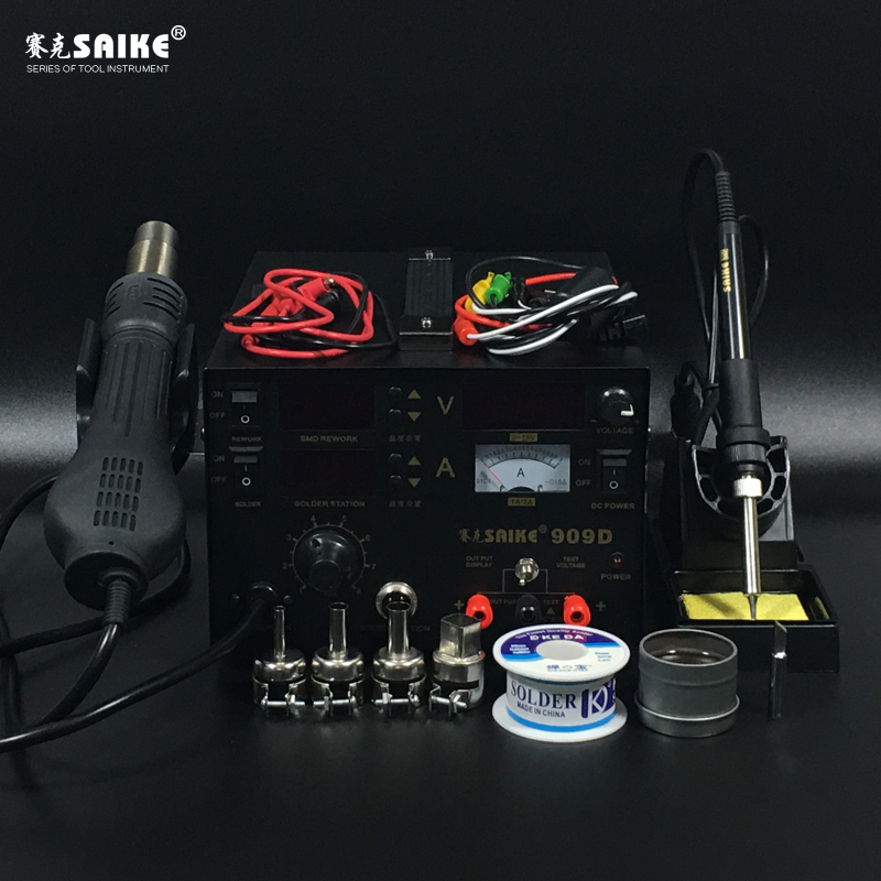 SAIKE 909D 3 in 1 Hot air gun soldering station Rework stations Desoldering station DC regulated power supply 15V 1A