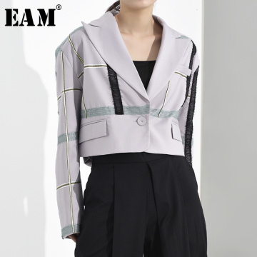 [EAM] Women Purple Plaid Ribbon Big Size Short Blazer New Lapel Long Sleeve Loose Fit Jacket Fashion Spring Autumn 2021 1H2691