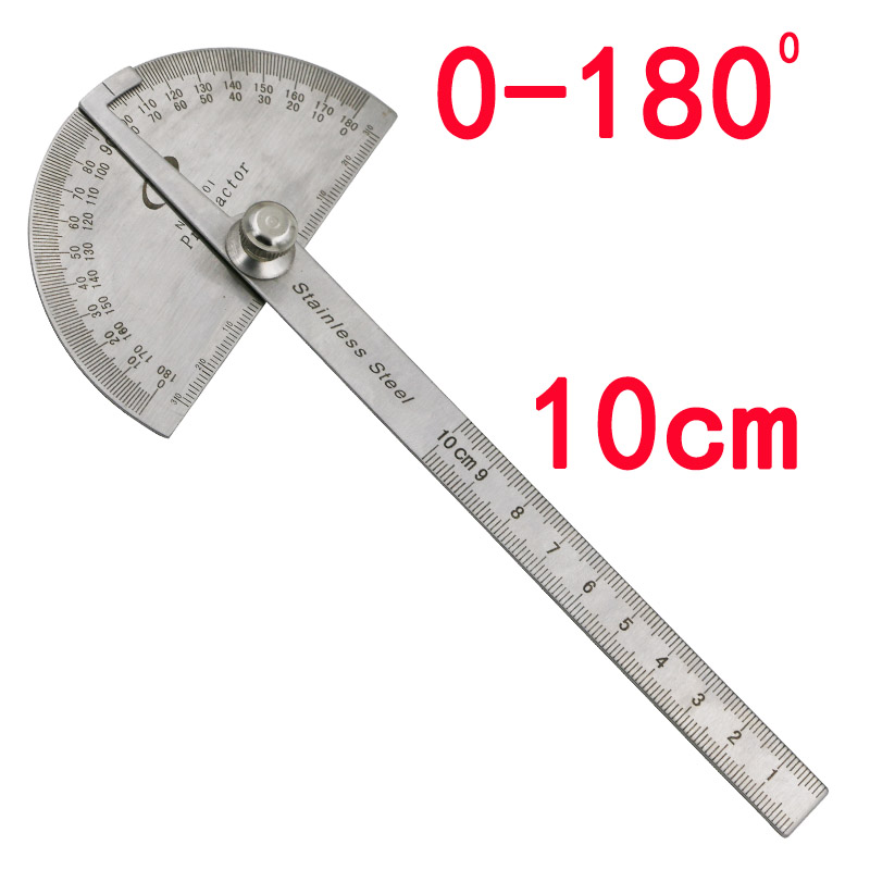 Silver Gray Carbon Steel Protractor Ruler 180 Degree Rotatin Angle measurement, round head 10cm Length Caliper