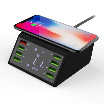QC 3.0 Quick Charger 8 Ports USB Hub Charging Dock Station Qi Wireless Fast Charger with Voltage/Current Display for iphone