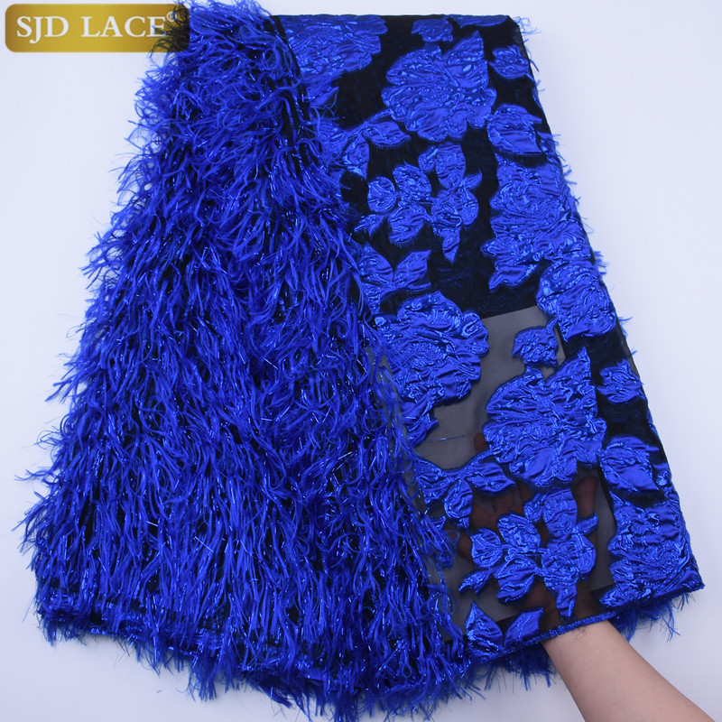 SJD LACE New African French Mesh Lace Fabric With Fluffy Feather Nigerian Net Lace Fabric Embroidery Lace For Party Dress A1789