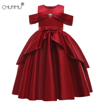 One-shoulder Satin Bowknot Baby Girls Dress Elegant Opening Ceremony Clothing Party Festivals Vestidos Girls Princess Dress