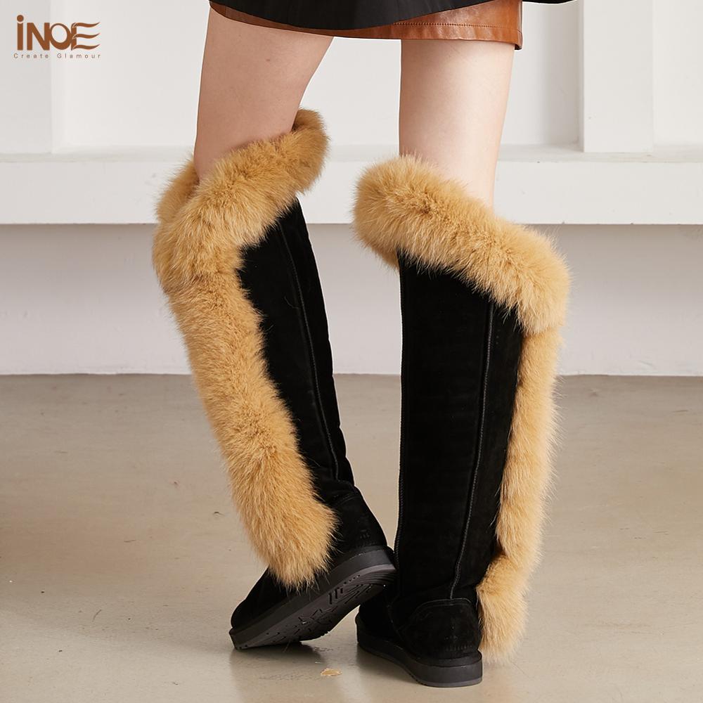 INOE fashion fox fur botas cow suede leather over the knee long winter snow boots for women thigh winter shoes boots black brown
