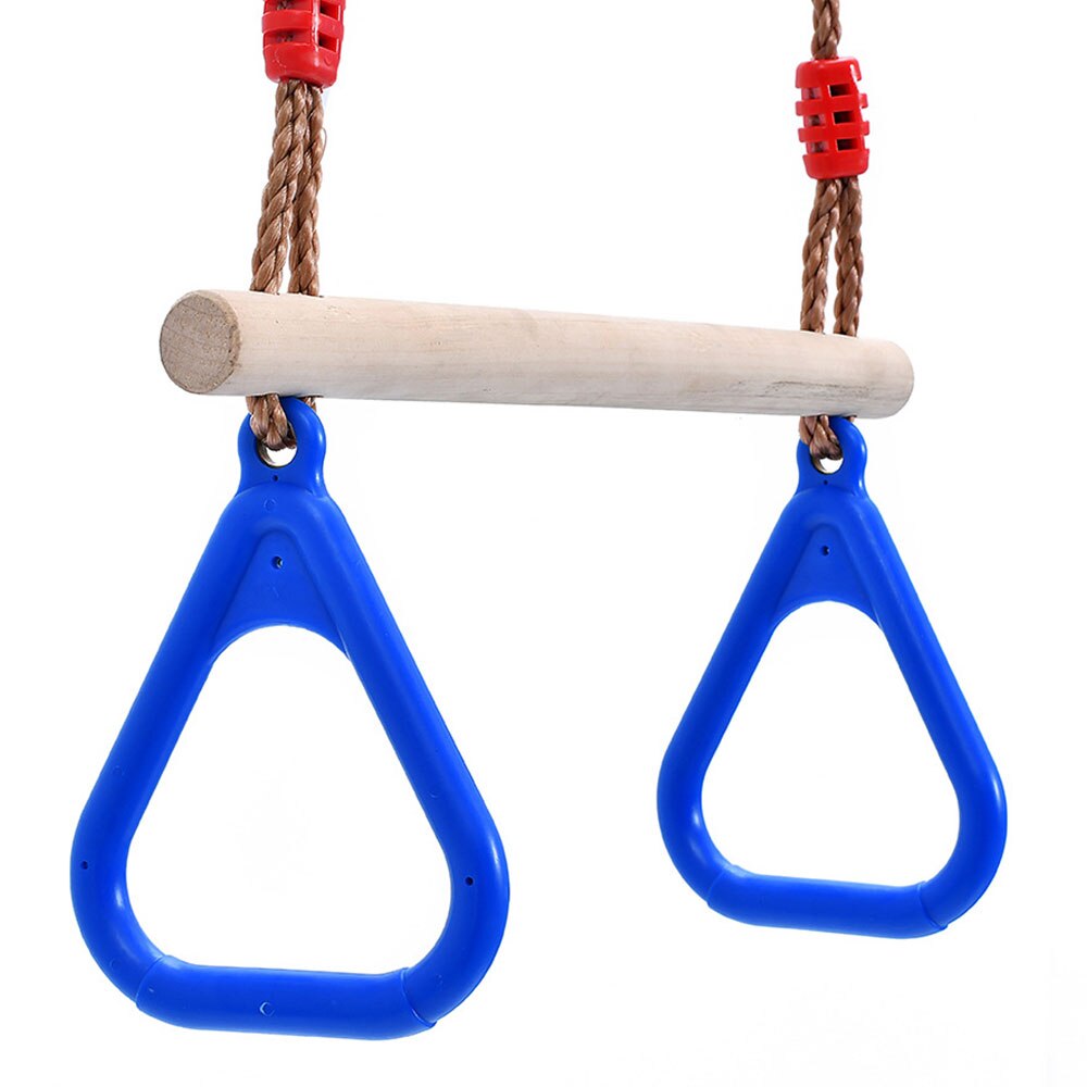 Kids Wooden Trapeze Swing Bar with Plastic Gym Rings for Indoor Outdoor Fun Children Adult Fitness
