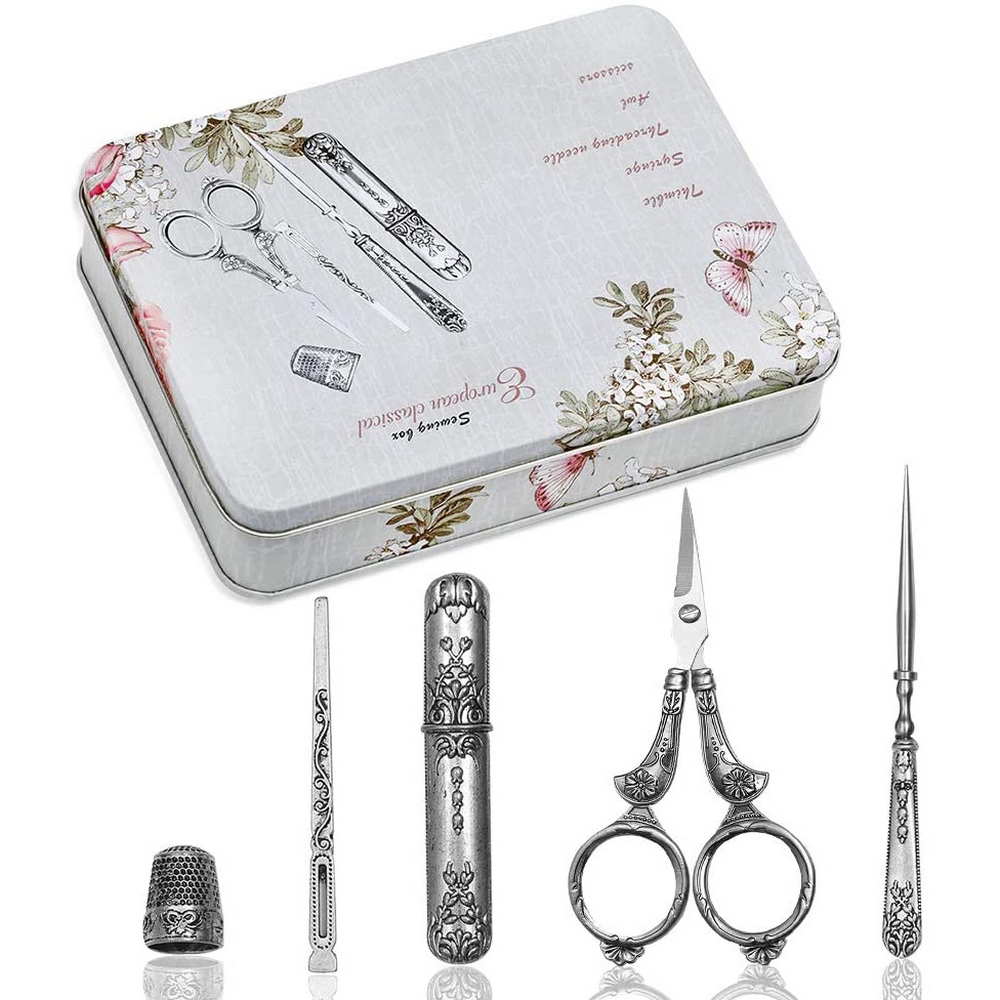 5 In 1 Embroidery Sewing Scissors European Retro Silver Classical Scissors Set Thimble Needle Box Combination Sewing Tools