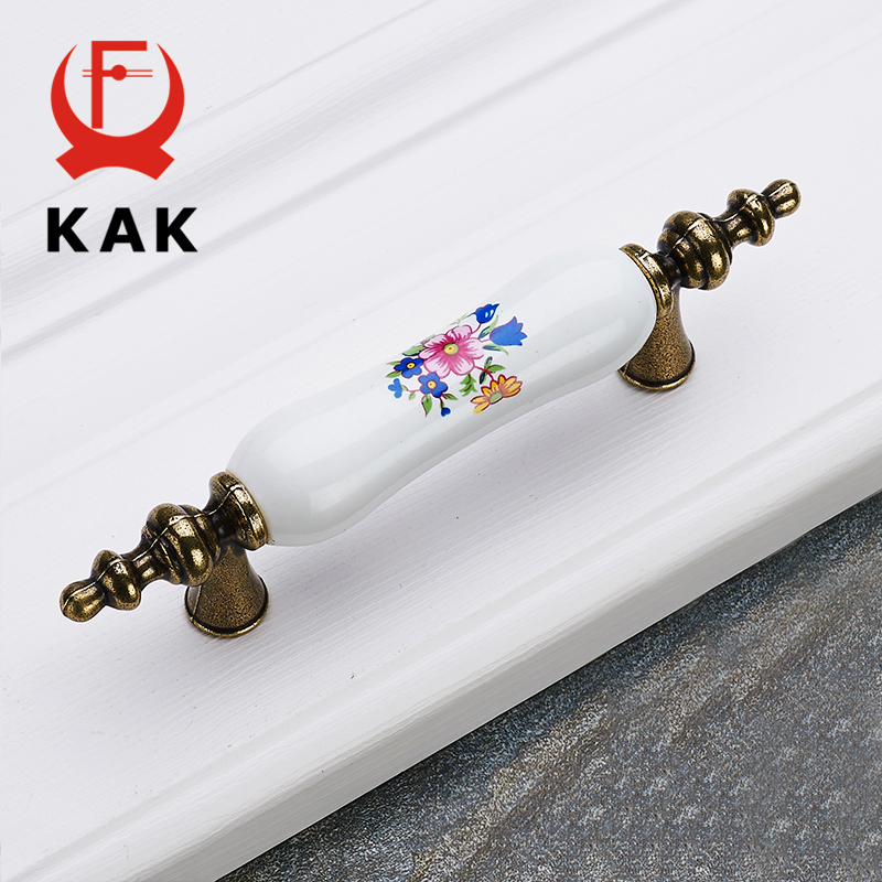 KAK 5pcs/lot Antique Bronze Ceramic Cabinet Handles Zinc Alloy Drawer Knobs Wardrobe Door Handles Morning Glory Furniture Handle