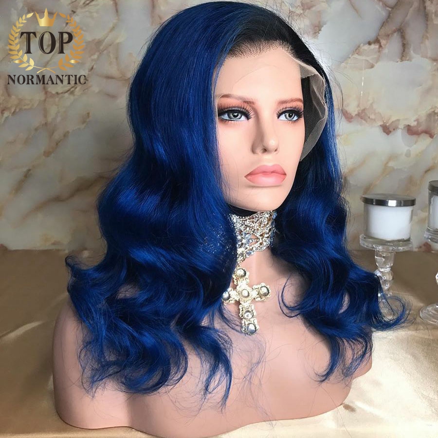 Topnormantic Lace Front Human Hair Wigs For Women Ombre Blue Color Body Wave Wig Brazilian Remy Hair With Pre Plucked Hairline