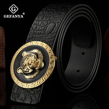Men Genuine Leather Belt Round Tiger Solid Brass Smooth Buckle Belt High Quality Business Affairs Casual Fashion Belt for Men