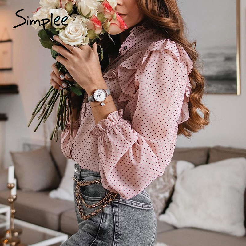 Simplee Vintage ruffled women blouse shirt Elegant dot print buttons female tops shirts Autumn spring office ladies work blouses
