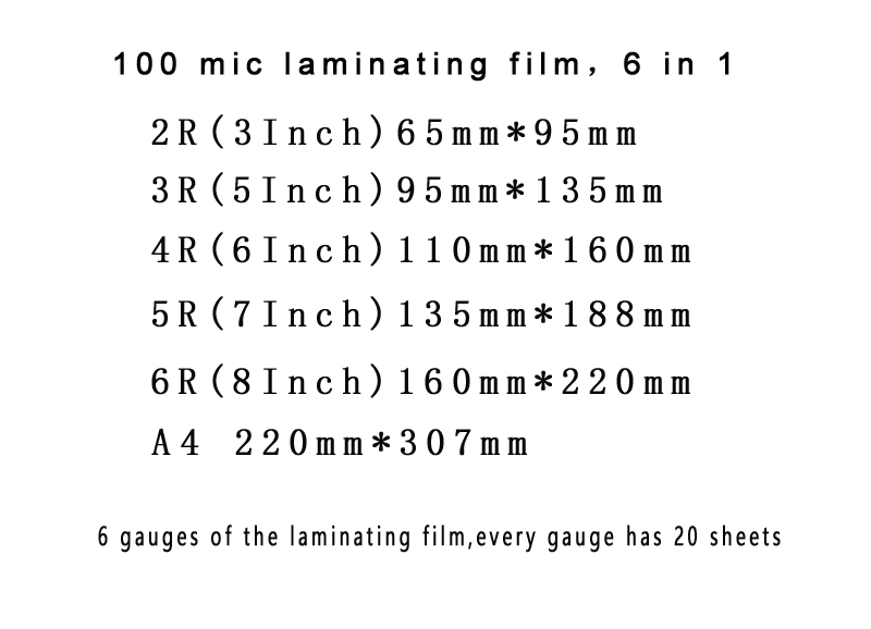 100mic 6 Size (3" 5" 6" 7" 8" A4)Thermal Laminating Film PET+EVA Plastifieuse 120Pcs For Roll Laminator Plastic plastificadora