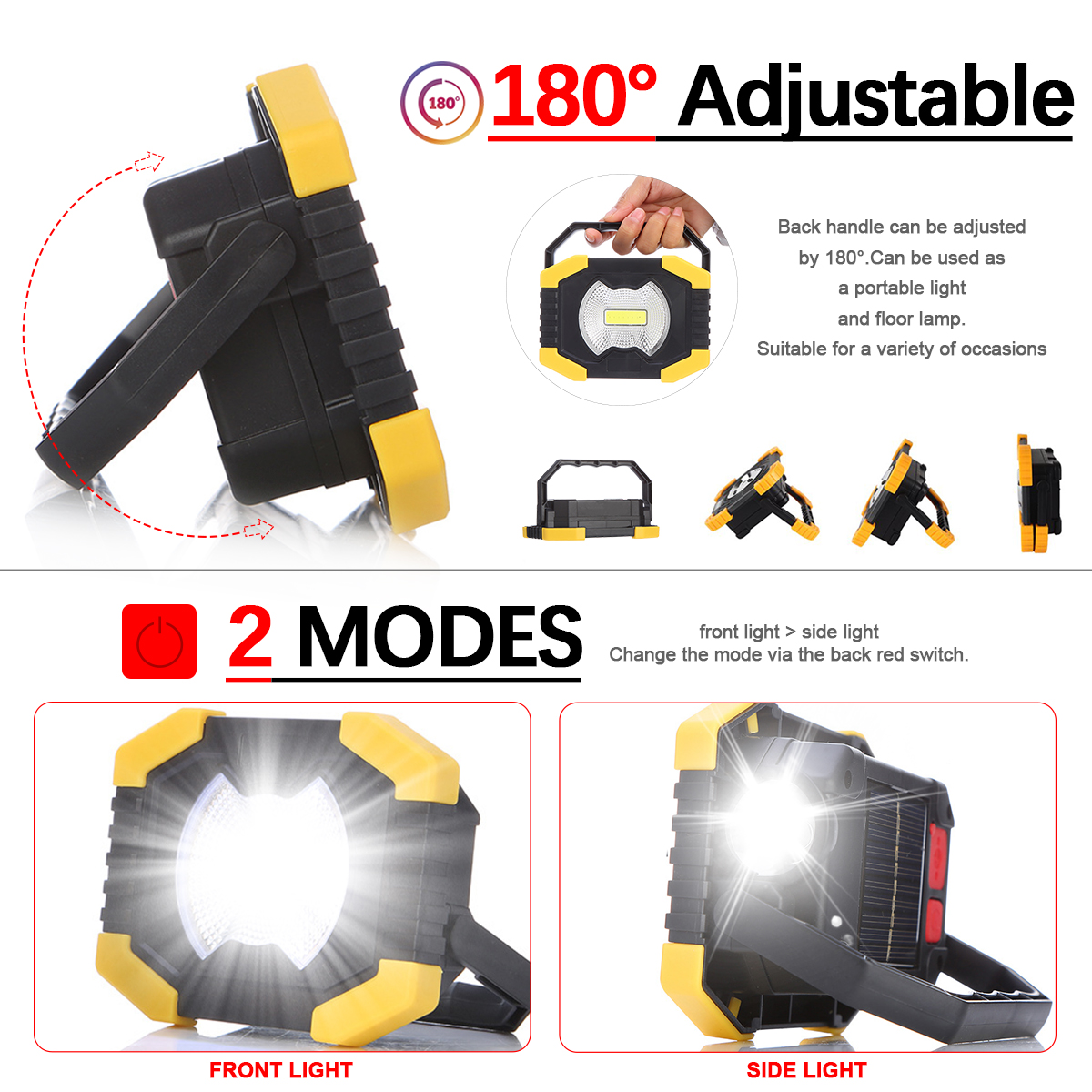 Solar Energy 180 Degrees Adjustable Portable Lanterns Built-in Battery Light USB Rechargeable Searchlight For Camping