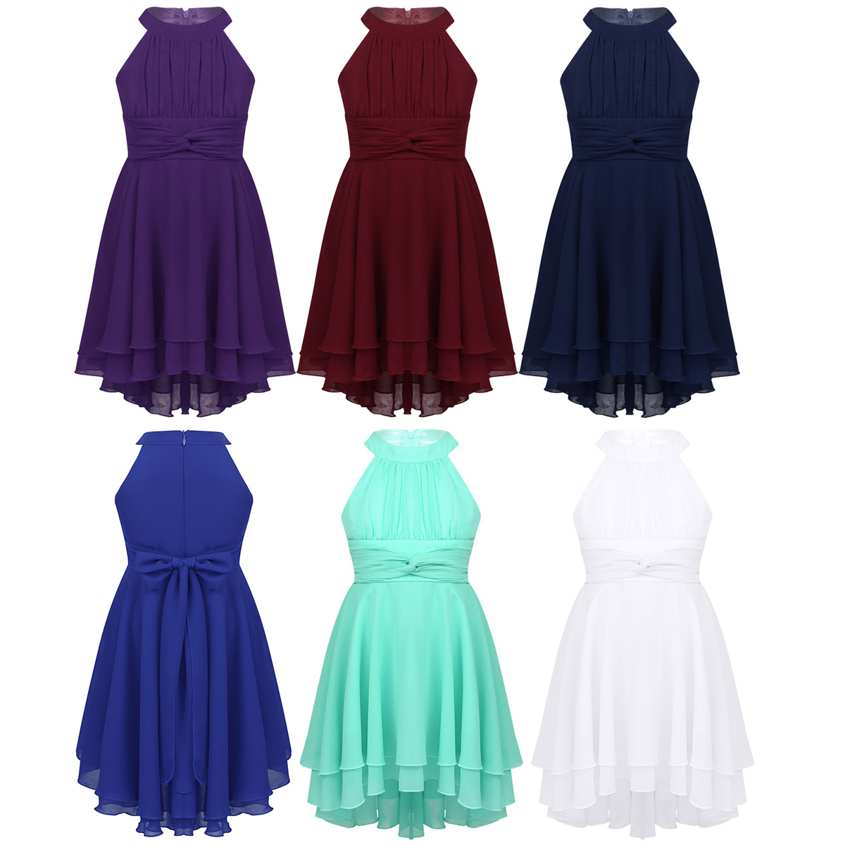 Teenage Girls Chiffon Dress Halter Neck High-Low Hem Flower Girl Dress Princess Pageant Wedding Bridesmaid Birthday Party Dress