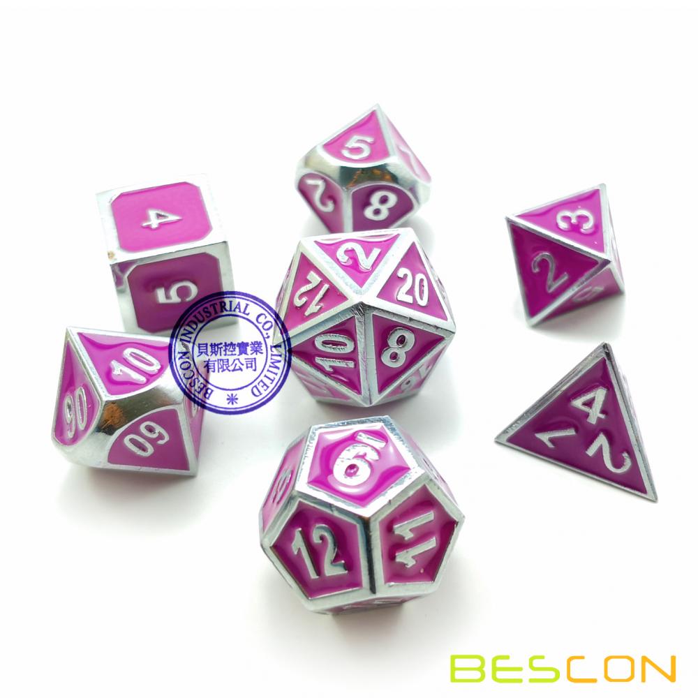 Bescon Deluxe Creative Shiny Silver and Purple Enamel Solid Metal Polyhedral Role Playing RPG Game Dice Set of 7