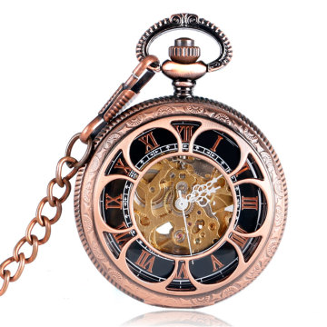 New Arrival Vintage Skeleton Flower Design Pocket Watch Chain Automatic Mechanical Fob Clock Men Women Roman Numbers Gift P2049C