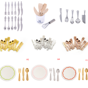 1 set 1:12 Mini Dollhouse Miniatures Tableware Cutlery Knife Fork Spoon Cake Knife Chopping Block Kitchen Food Furniture Toys