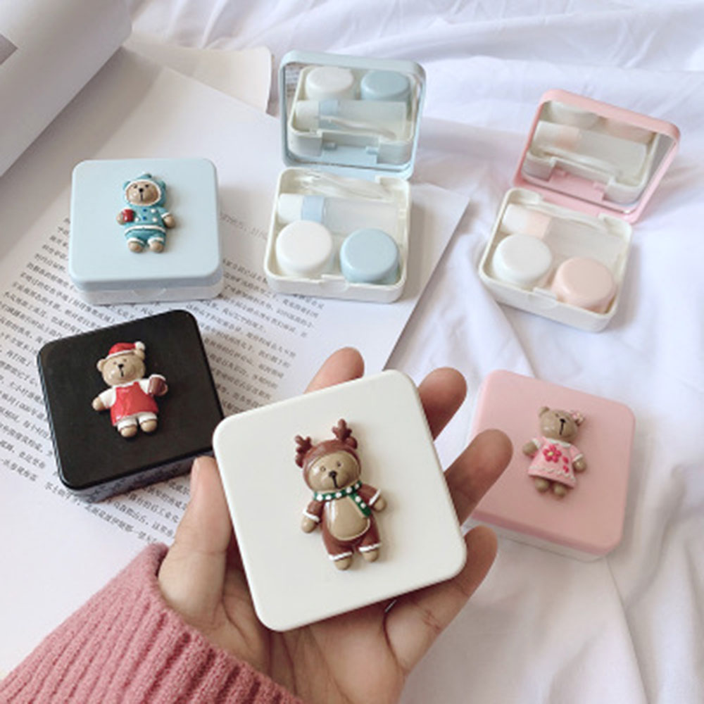 Macaron Color Cartoon 3D Bear Contact Lens Case Cute Animal Contact Lens Care Suite Cute Lens Container For Women And Men Gift